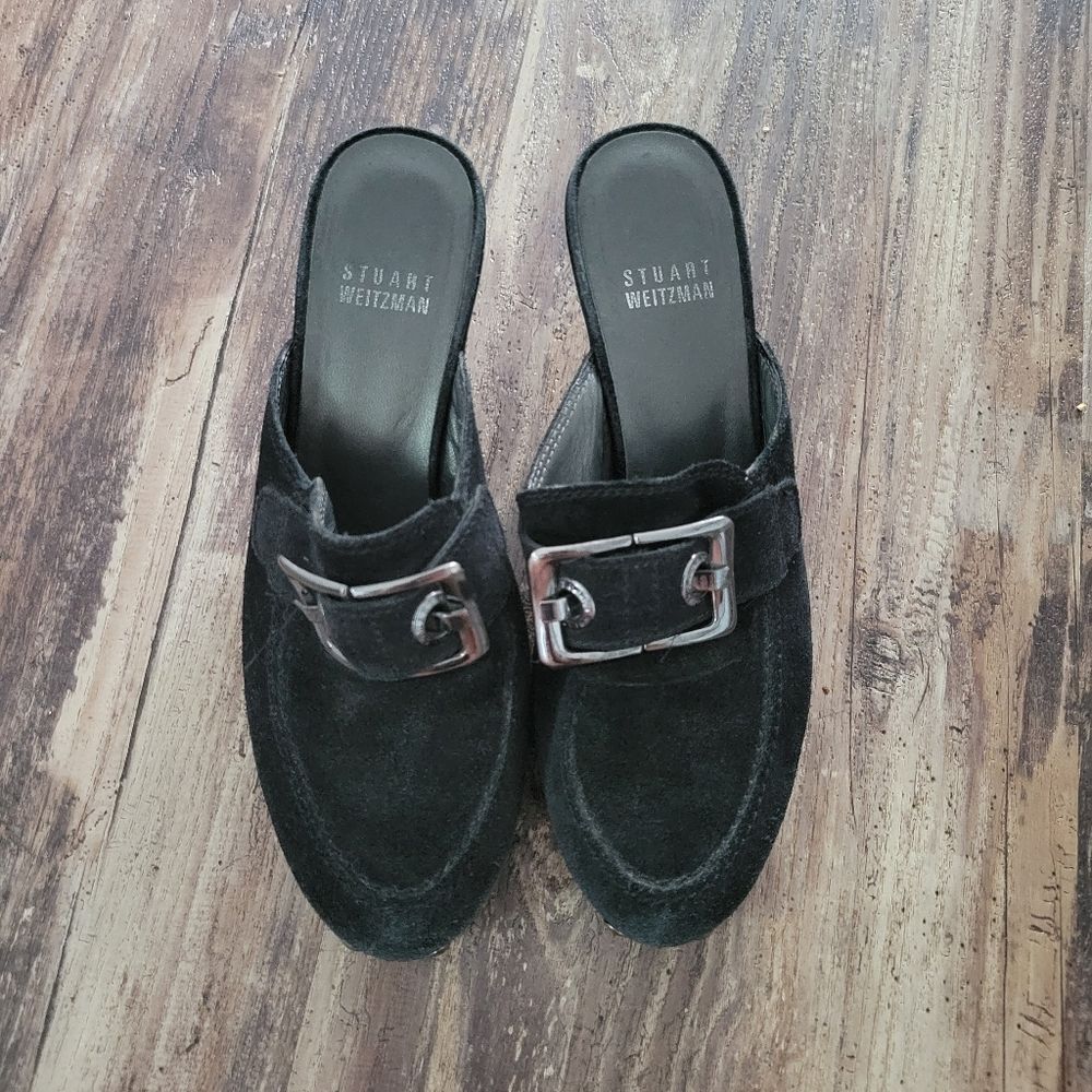 Stuart Weitzman Black Mules with Silver Buckle